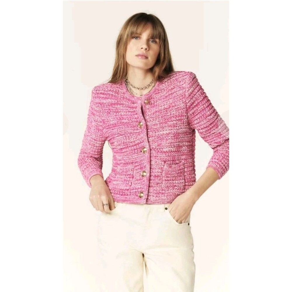 ba&sh Guspa Pink Chunky Melange Knit Gold Button-Up Cardigan Size 1 Small